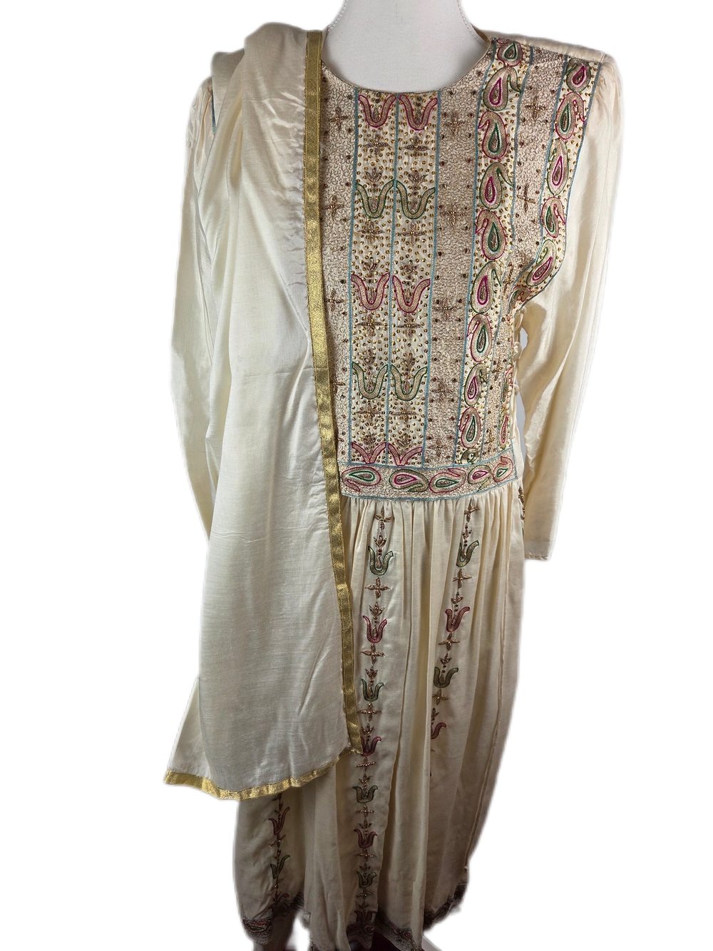 Vintage 3-Piece Off-White Silk Salwar Kameez Suit